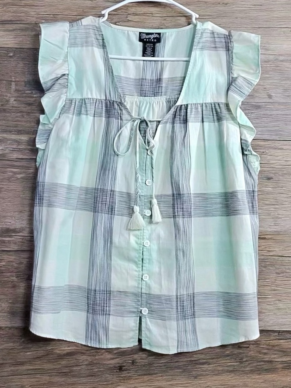 Wrangler Mint Plaid Ruffle Sleeve Button-Front Blouse